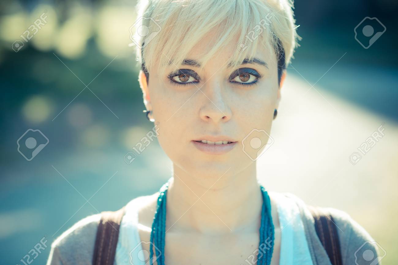 Beautiful Young Blonde Short Hair Hipster Woman In The City Stock