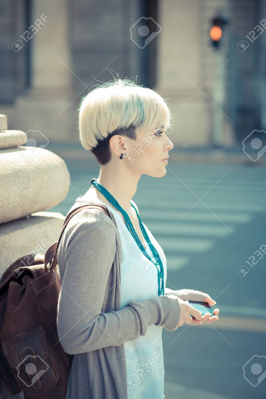 Beautiful Young Blonde Short Hair Hipster Woman In The City Stock