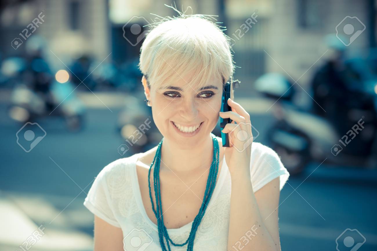Beautiful Young Blonde Short Hair Hipster Woman In The City Stock