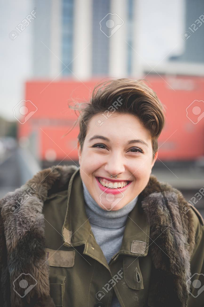 Young Beautiful Short Hair Hipster Woman In Town Stock Photo