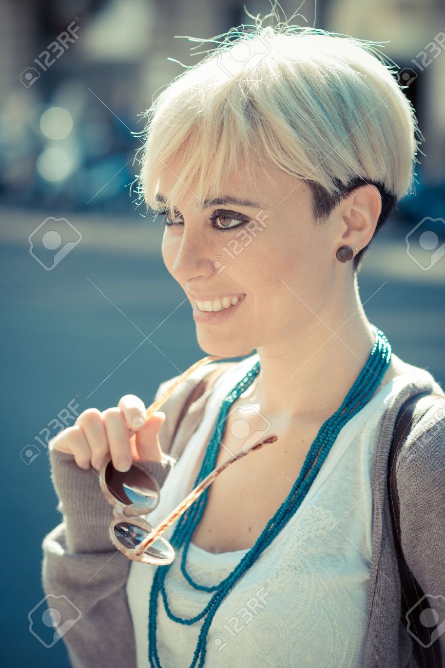 Beautiful Young Blonde Short Hair Hipster Woman In The City Stock