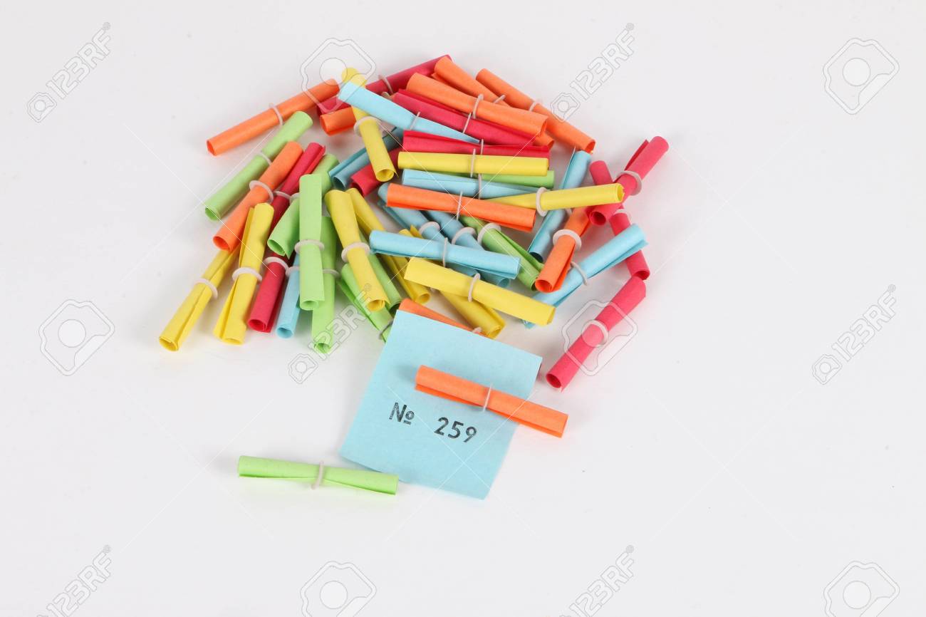 colorful tombola tickets with a winning number in the studio stock