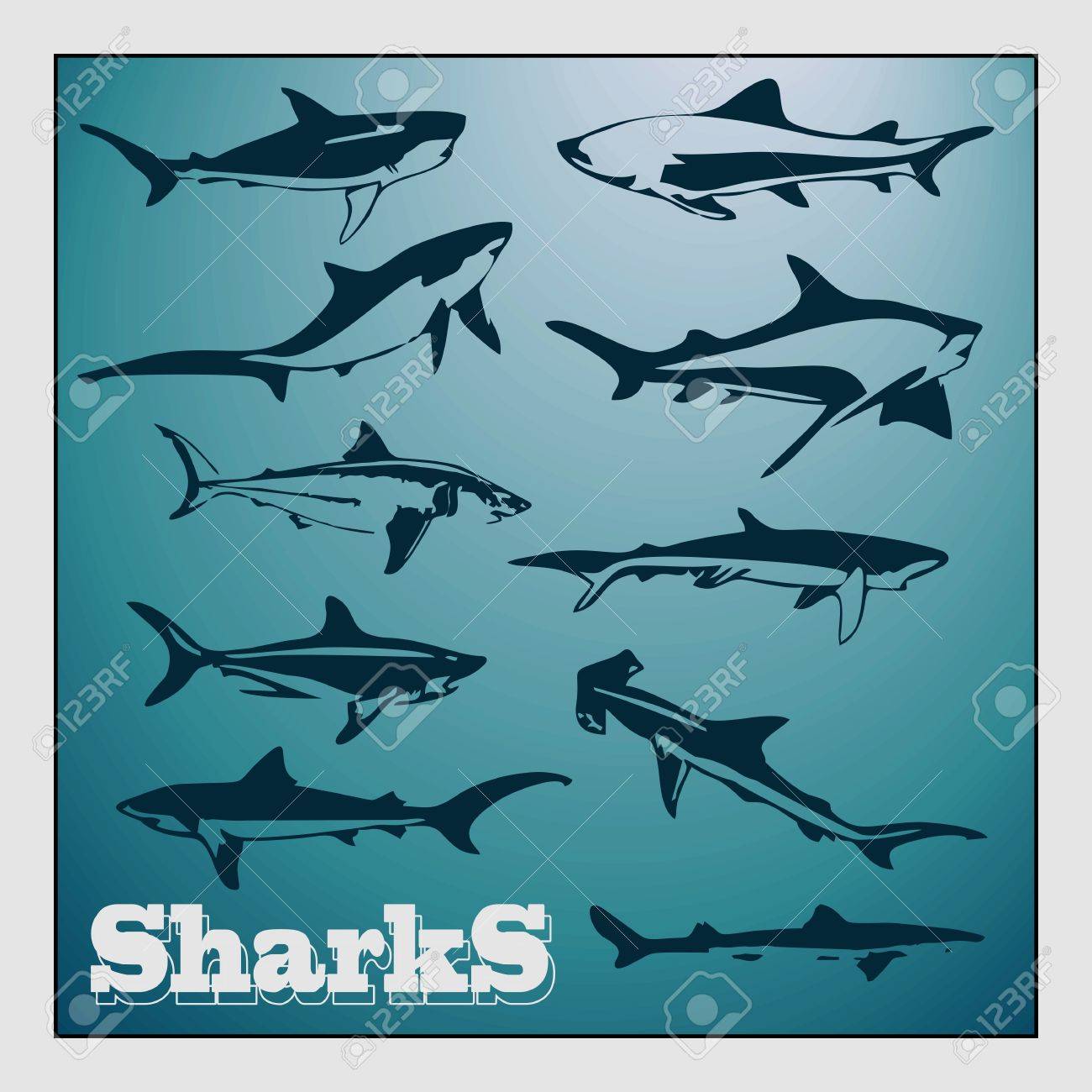 セット様式化されたサメと海の深さの背景 のイラスト素材 ベクタ Image セット様式化されたサメと海の深さの背景 のイラスト素材 ベクタ Image