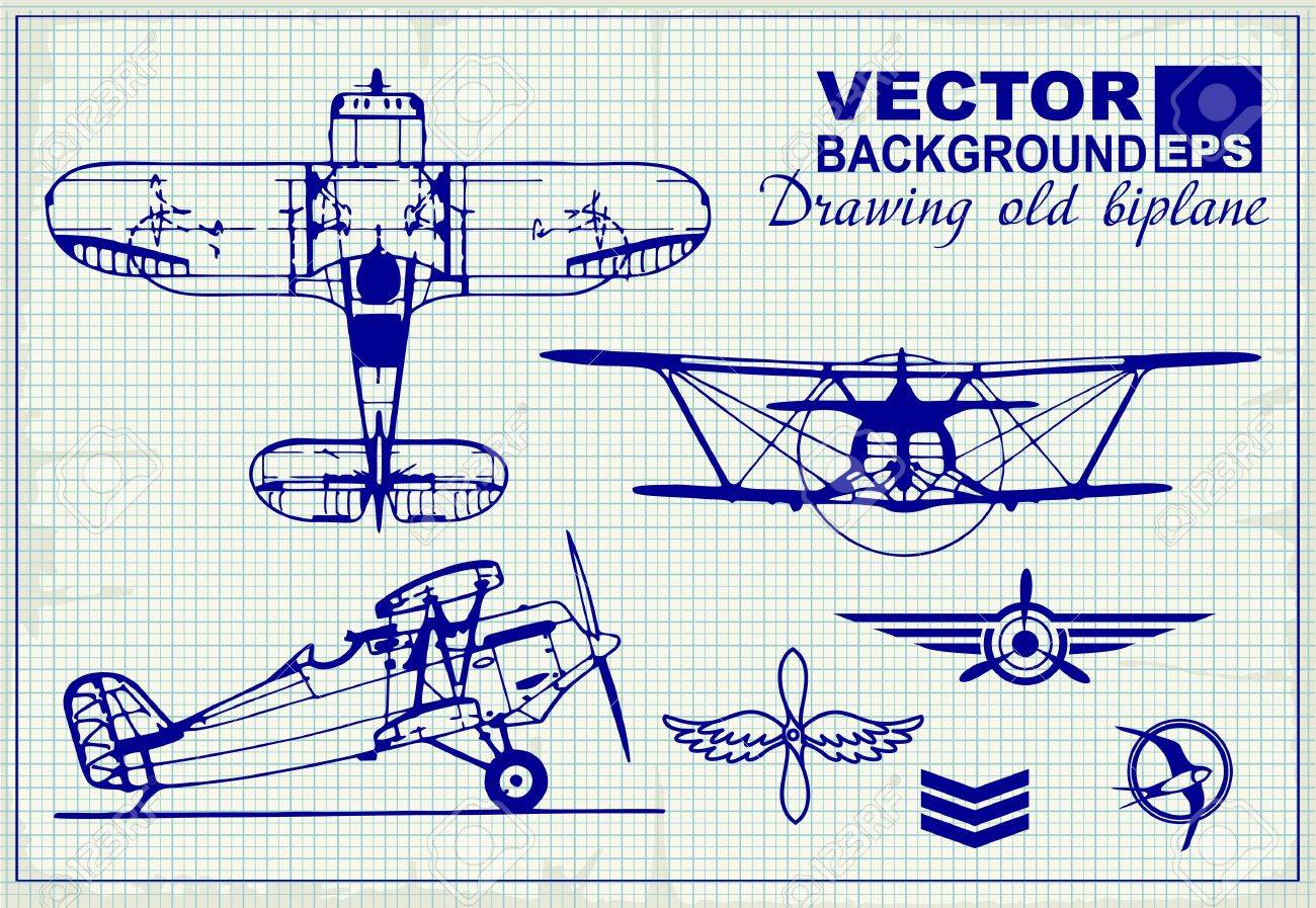 vintage airplanes drawing on graph paper and design elements