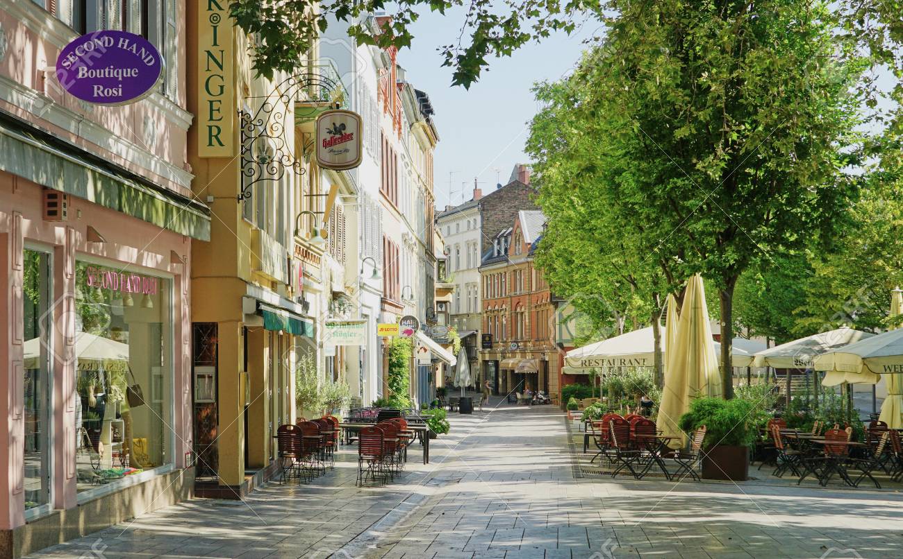 Sunny Street Scene Of Shops And Cafes In Wiesbaden Germany Stock Photo Picture And Royalty Free Image Image 125989037