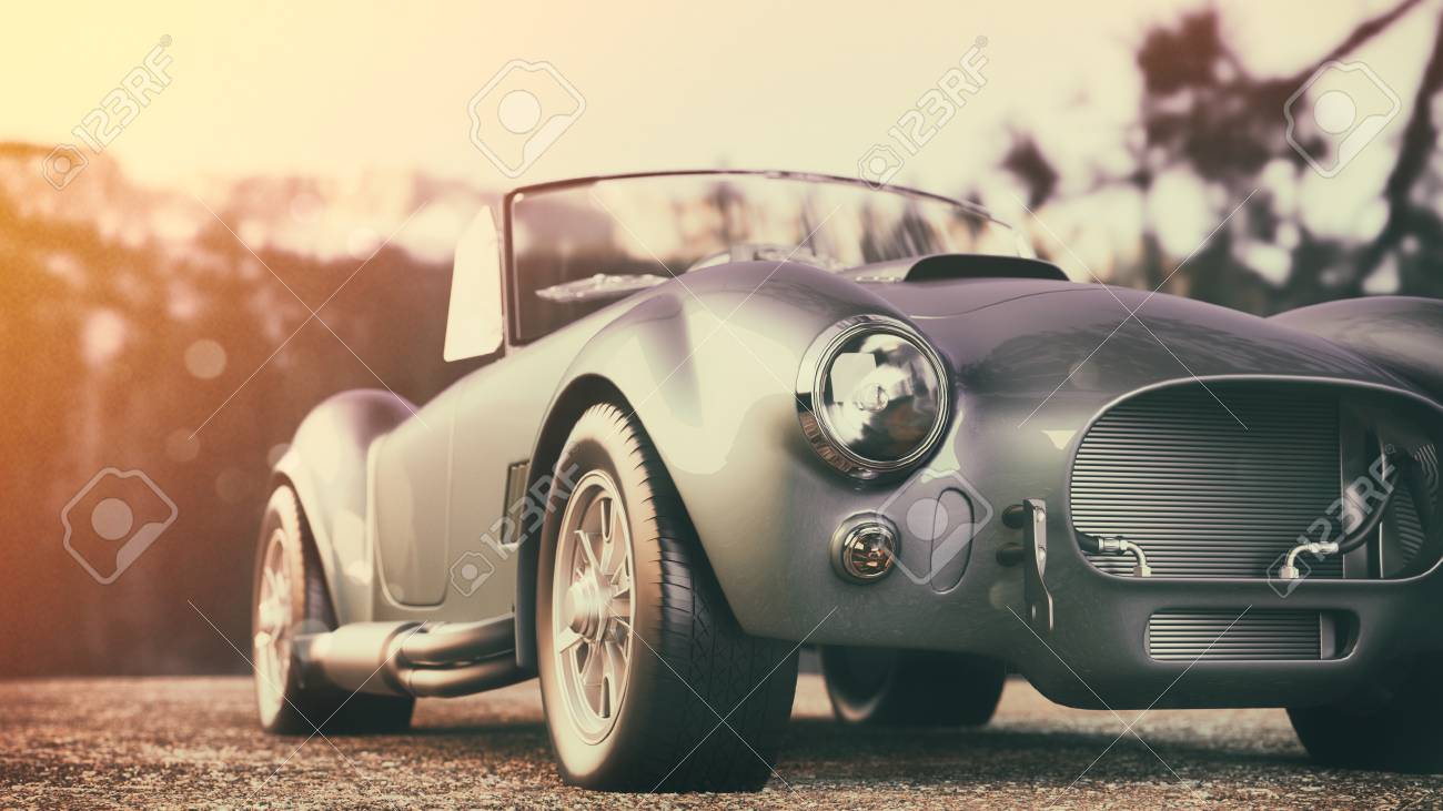 Classic car parked in the mountains in the morning. 3d render and illustration. - 83766199 Classic car parked in the mountains in the morning. 3d render and illustration. - 83766199
