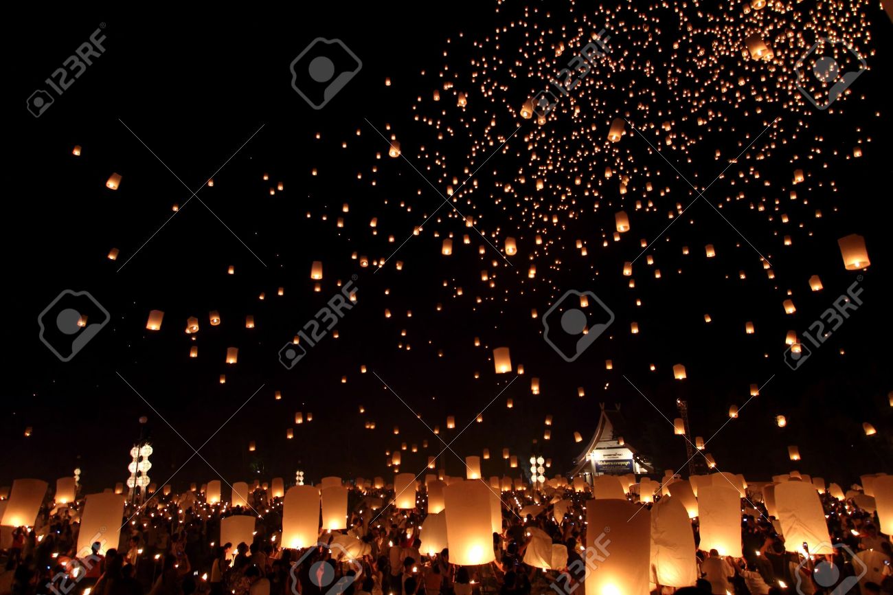 floating lantern festival in chiangmai thailand stock photo