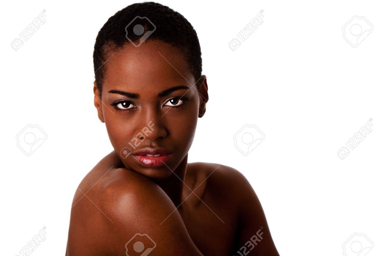 Beautiful African Female Face With Short Curly Hair Looking Over