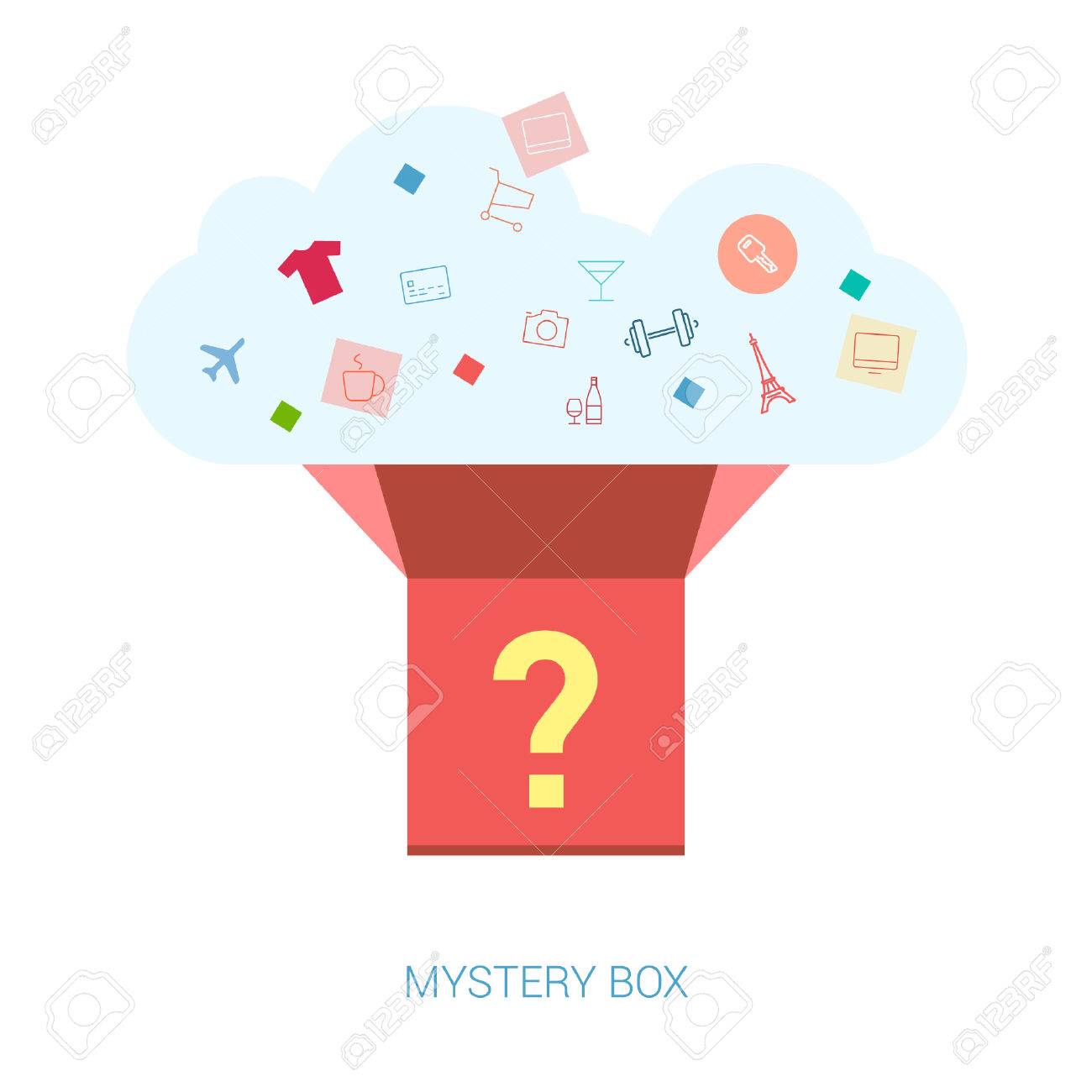 フラット アイコン ミステリー ボックス ベクトル イラスト小売 E コマース ショッピング ニュース レター メール 広告 出版デザイン 驚き 質問 ギフト 現在概念テンプレート のイラスト素材 ベクタ Image