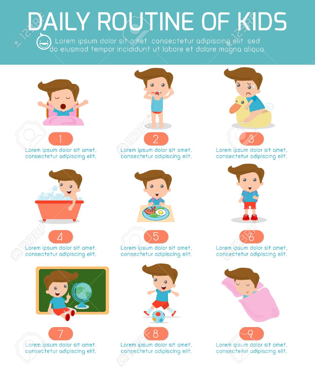 foto de archivo rutina diaria de los nios felices elemento de infografa salud e higiene las rutinas diarias para los nios