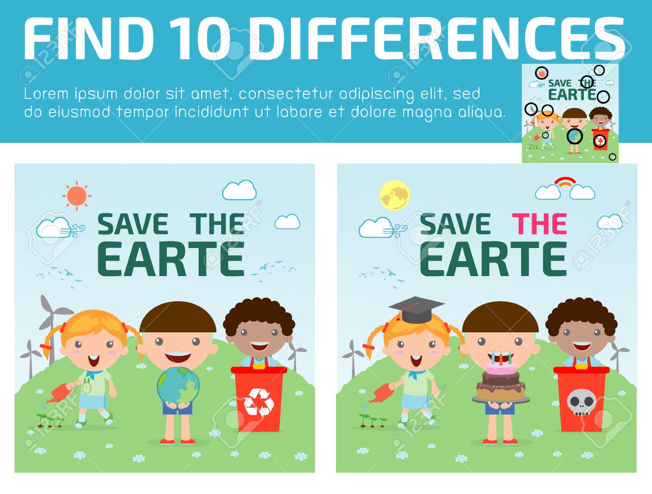 検索の違い 子供ゲーム 脳ゲーム 違いを見つける子供のためのゲーム保存地球のため幼児 ベクトル図では 子供たちの教育ゲームのイラスト素材 ベクタ Image