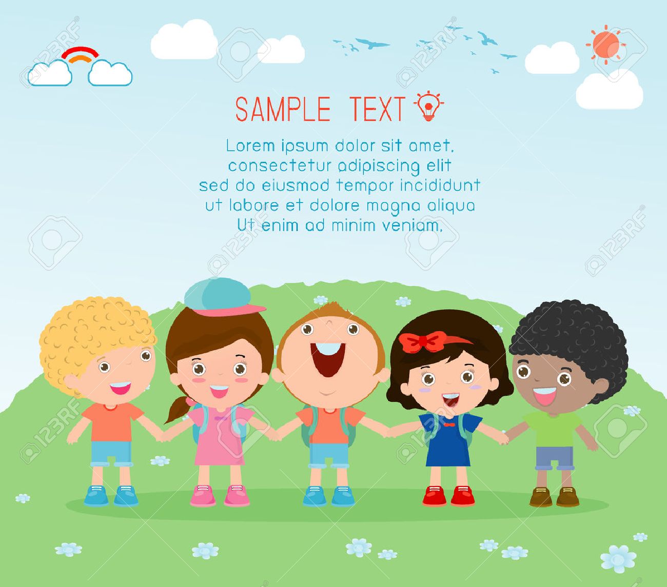 手 手 手 ベクトル図を繋いでいる多くの幸せな子供たちを繋いでいる多民族の子供の背景に手を取り合って子供を繋いでいる多民族子供たちのイラストのイラスト素材 ベクタ Image