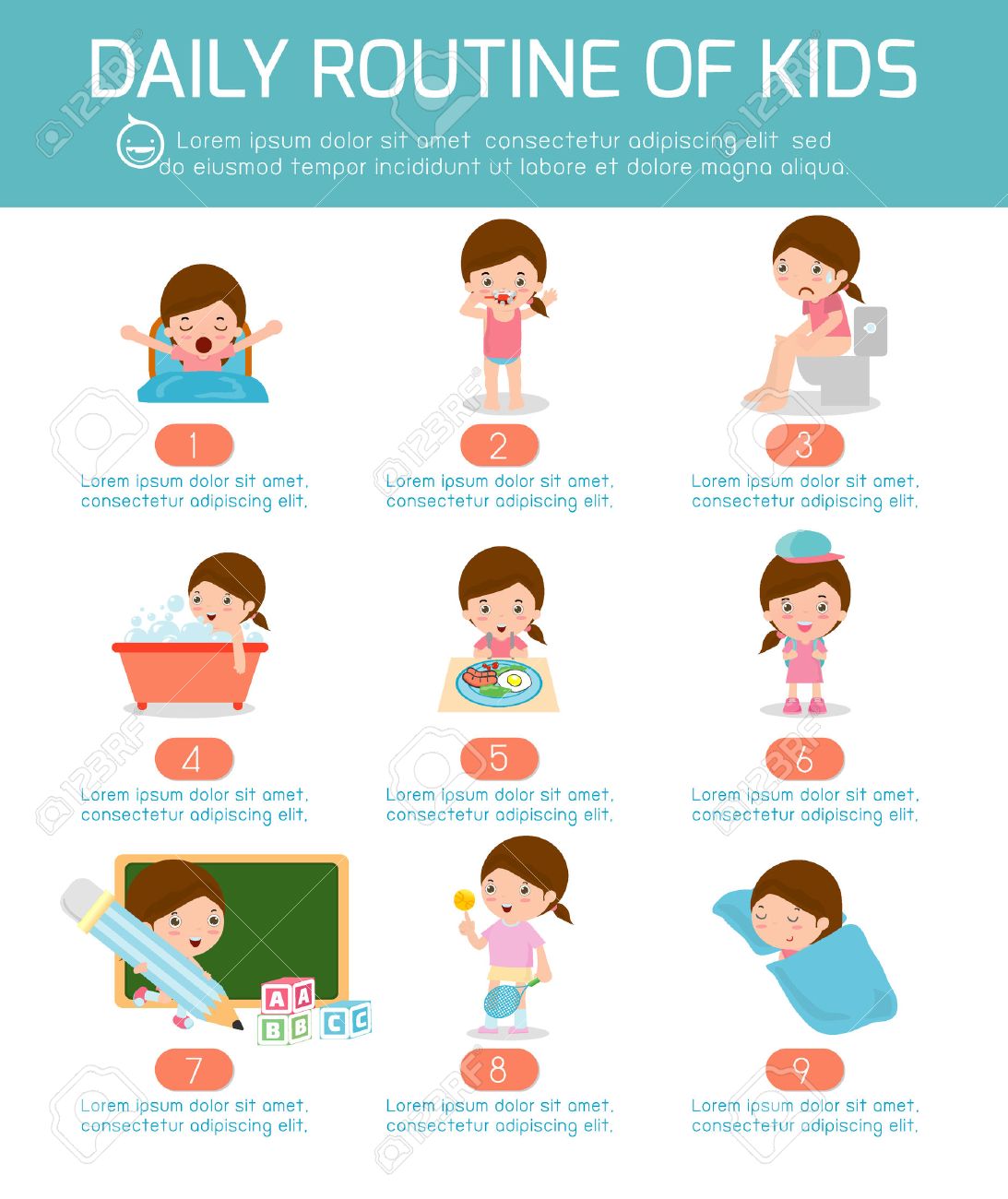 foto de archivo la rutina diaria la rutina diaria de los nios felices elemento de infografa la salud y la higiene las rutinas diarias para los nios