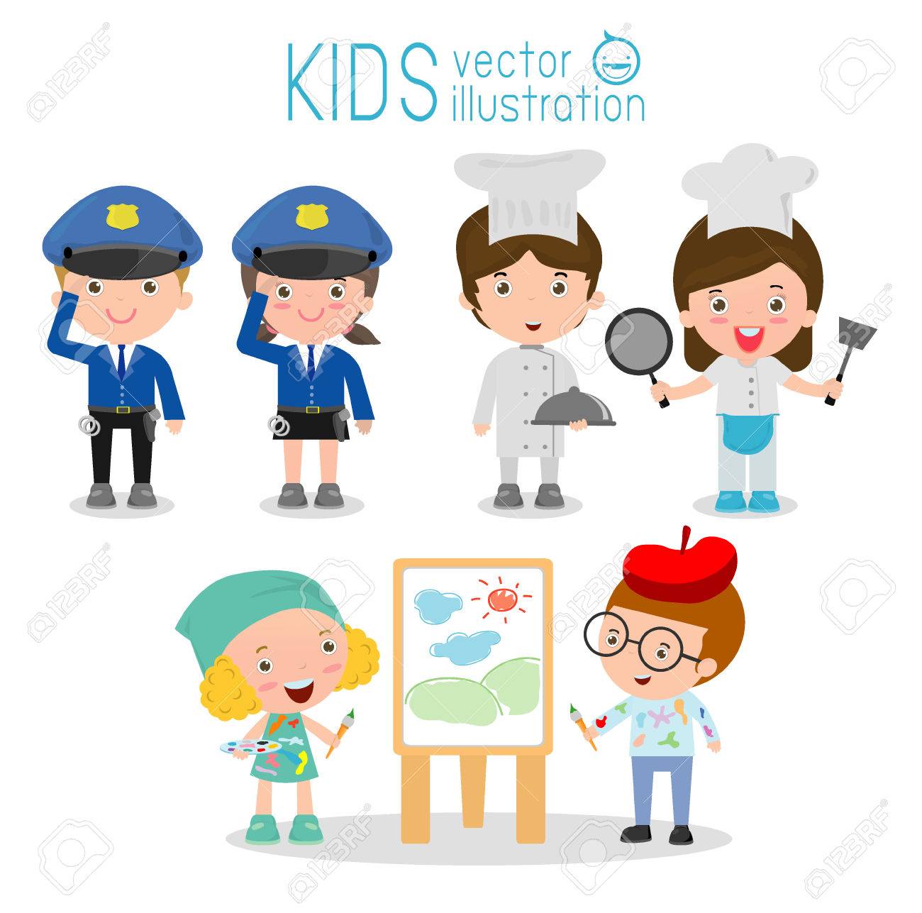 set of cute professions for kids isolated on white background