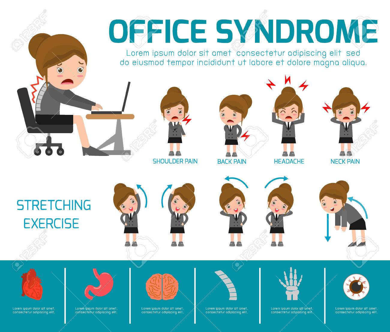 Office syndrome. health care concept. infographic element. vector flat icons woman cartoon design. brochure poster banner illustration. isolated on white background - 55598880 Office syndrome. health care concept. infographic element. vector flat icons woman cartoon design. brochure poster banner illustration. isolated on white background - 55598880