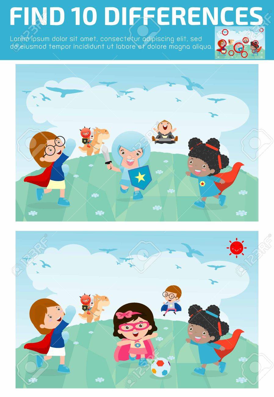 検索の違い 子供のゲーム 幼児教育ゲーム 違いを見つける 10 の子供のためのゲーム脳ゲーム 違いを見つける子供のためのゲーム子供のスーパー ヒーローのイラスト素材 ベクタ Image