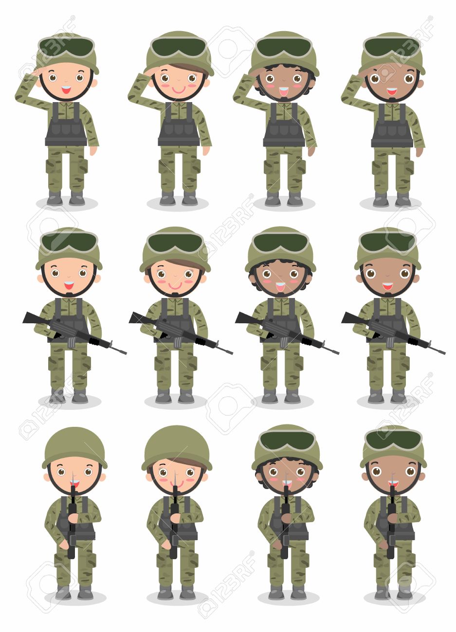 兵士のセットです 男性と女性 フラット漫画キャラクター デザインは 白い背景で隔離 米国軍隊の分離の図 のイラスト素材 ベクタ Image