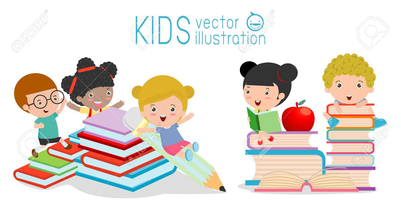 かわいい子供たちと本 かわいい子供たちの本を読んで 幸せな子供ながら本を読んで 学校 子供の学校の教育概念ベクトル イラスト白い背景の上に戻る の イラスト素材 ベクタ Image