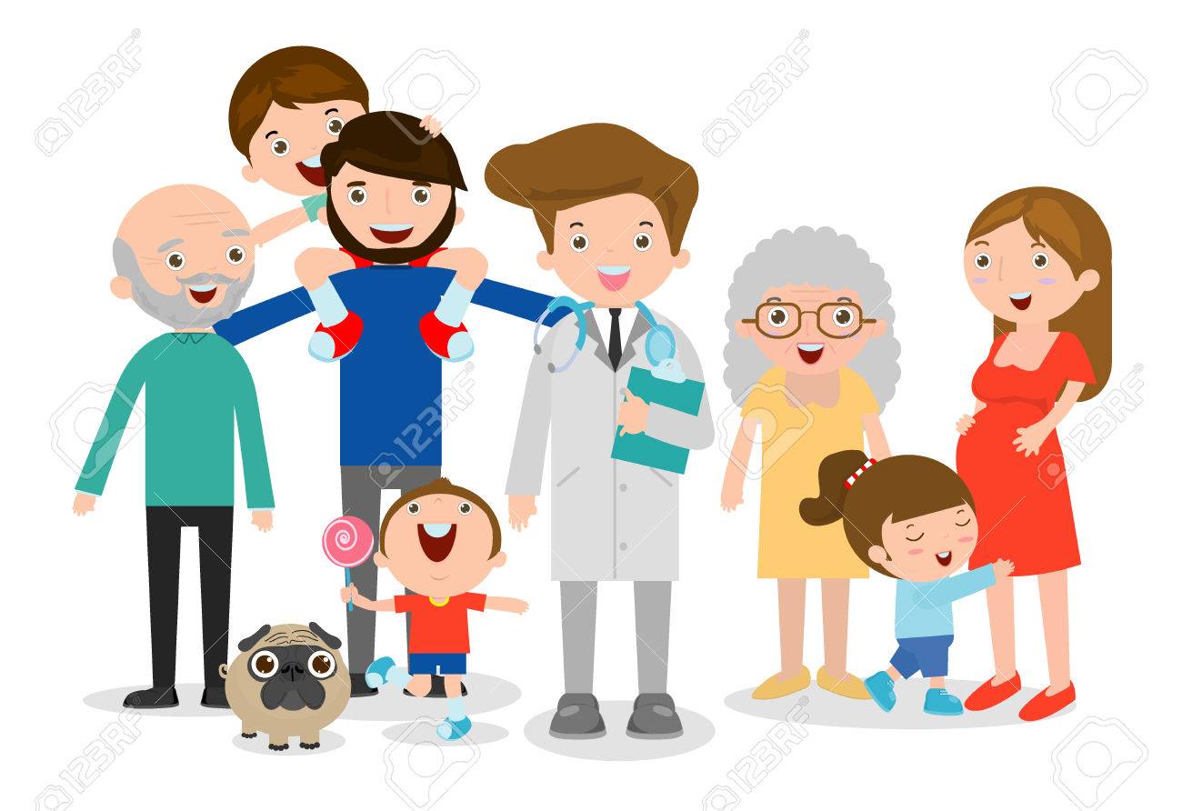 Family doctor vector illustration, big family with doctor. Doctor standing together with father, mother, children and grandparents on white background. flat style - 71580504 Family doctor vector illustration, big family with doctor. Doctor standing together with father, mother, children and grandparents on white background. flat style - 71580504