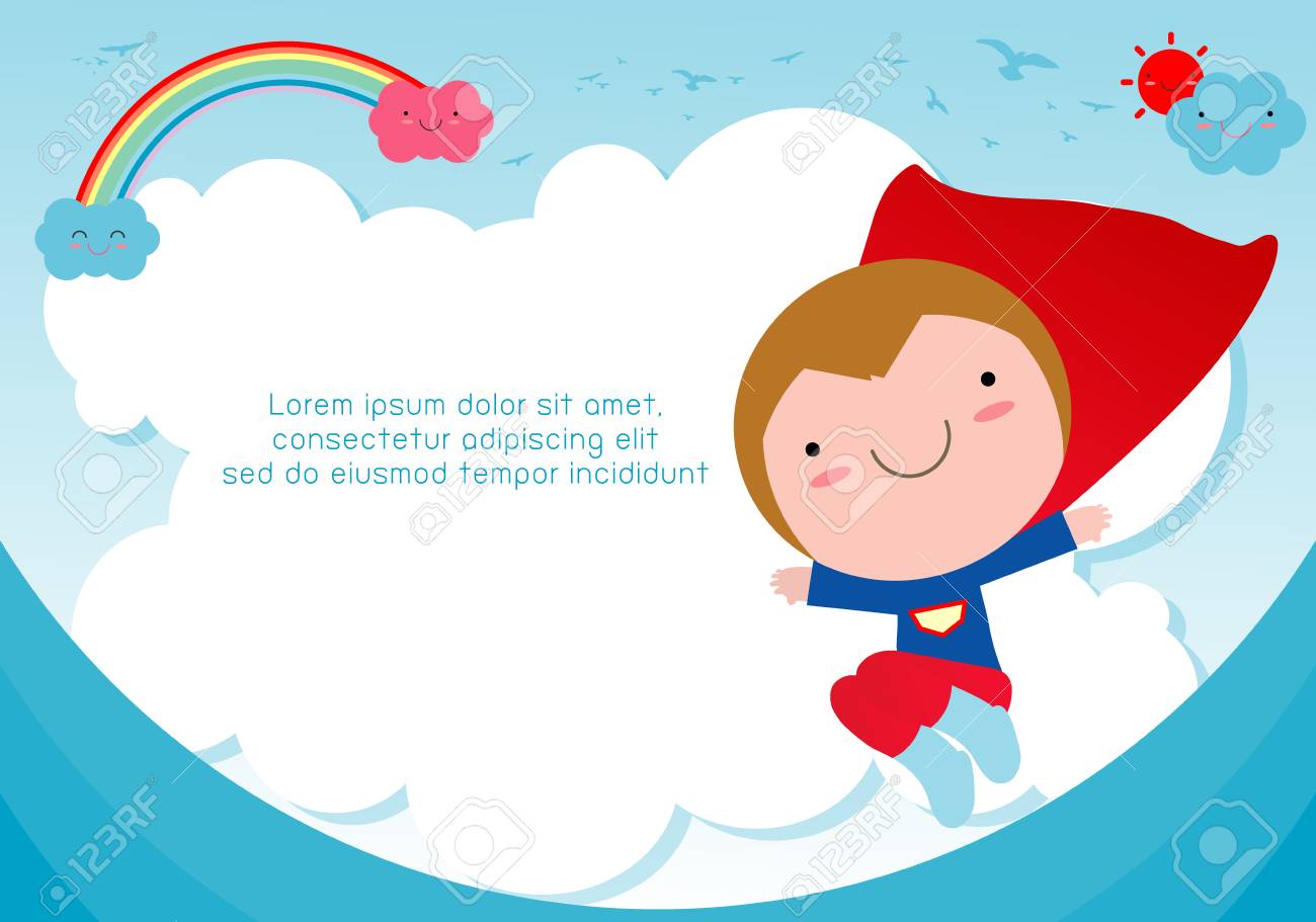 superhero kid against blue sky background template for advertising