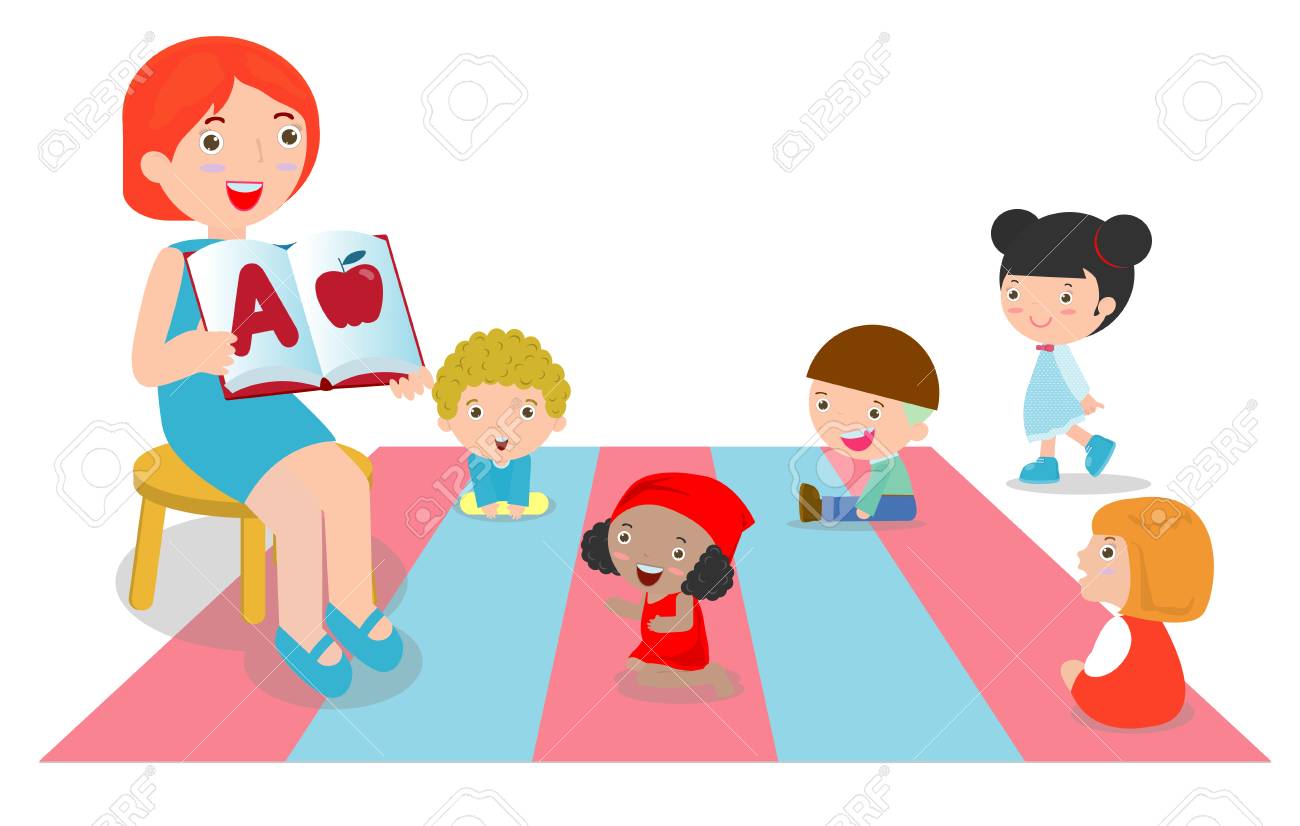 Teacher explaining alphabet to children around her, teacher reading books for kids in the kindergarten,Group of preschool kids and teacher sitting in a classroom. Vector Illustration - 105479282 Teacher explaining alphabet to children around her, teacher reading books for kids in the kindergarten,Group of preschool kids and teacher sitting in a classroom. Vector Illustration - 105479282