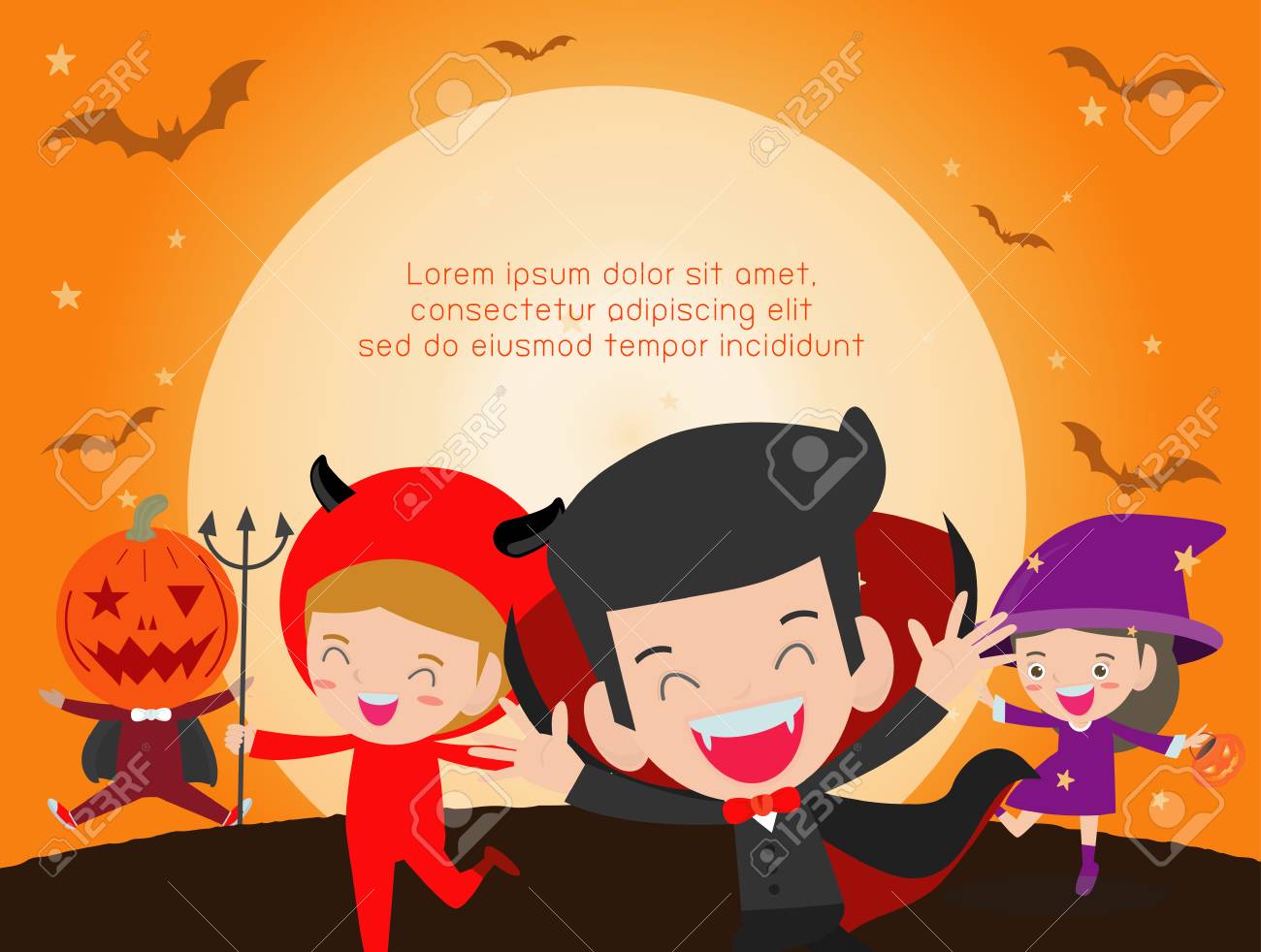 Happy Halloween Poster Party And Theme Design Background Group Of Child In Halloween Costume Jumping Happy Halloween Poster Party And Theme Design Background Group Of Child In Halloween Costume Jumping