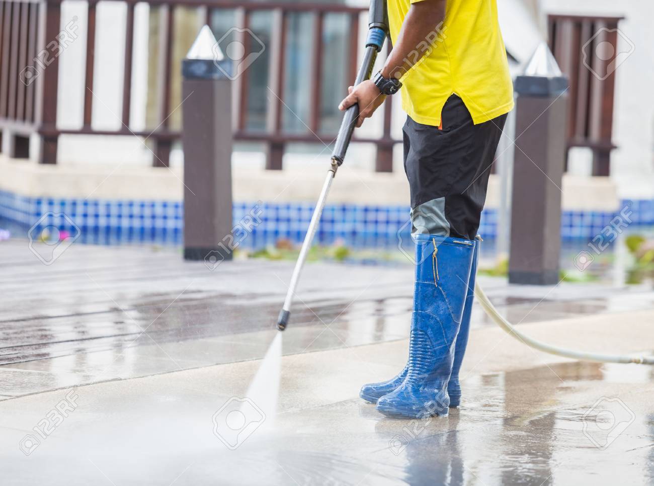 Outdoor Floor Cleaning With High Pressure Water Jet Stock Photo