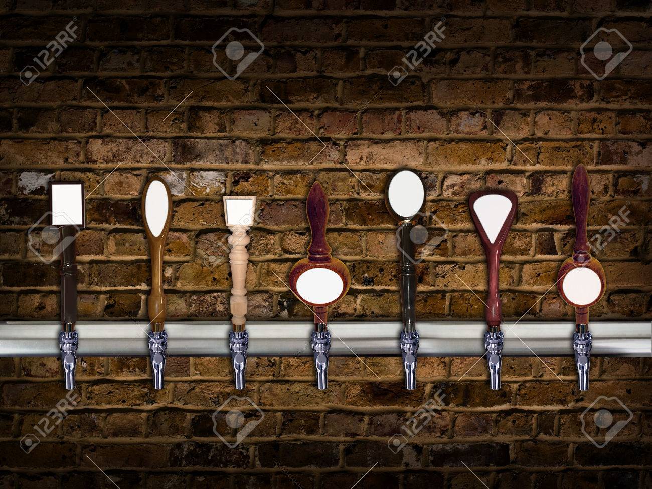 Multiple beer taps in a row with room for copy on each - 45289459 Multiple beer taps in a row with room for copy on each - 45289459