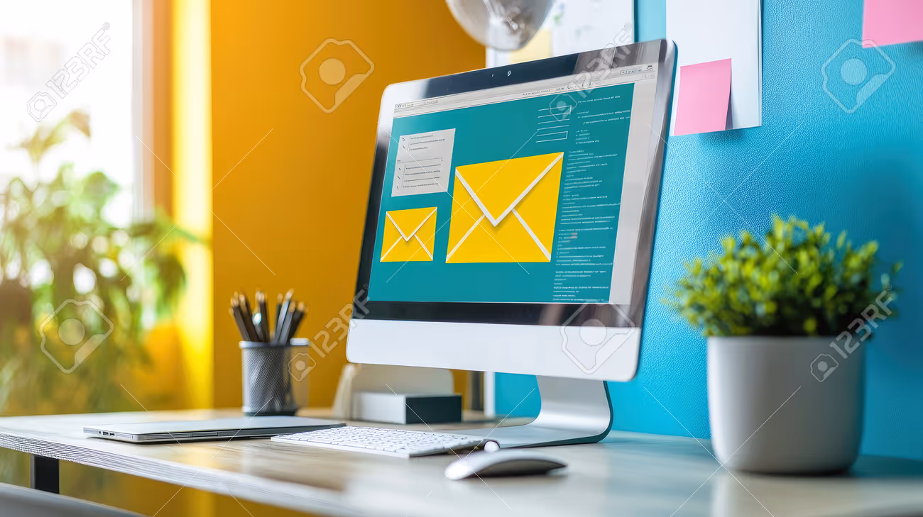 Modern workspace with email marketing tools displayed on a screen, vibrant colors highlighting growth strategies and creativity - 254715397 Modern workspace with email marketing tools displayed on a screen, vibrant colors highlighting growth strategies and creativity - 254715397