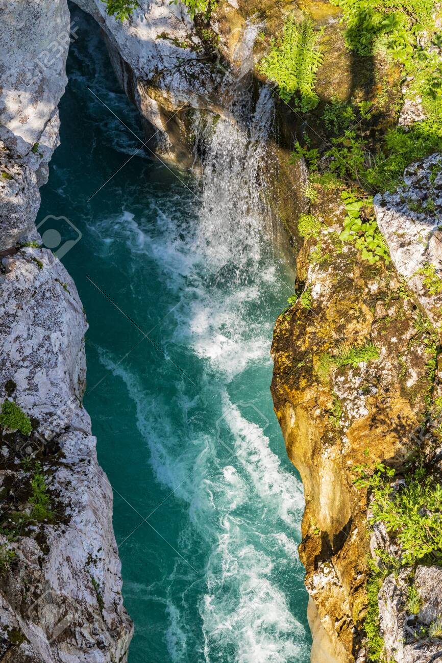 Waterfall to rriver Soca, Velika korita Soce, Triglavski national park, Slovenia - 134407549 Waterfall to rriver Soca, Velika korita Soce, Triglavski national park, Slovenia - 134407549