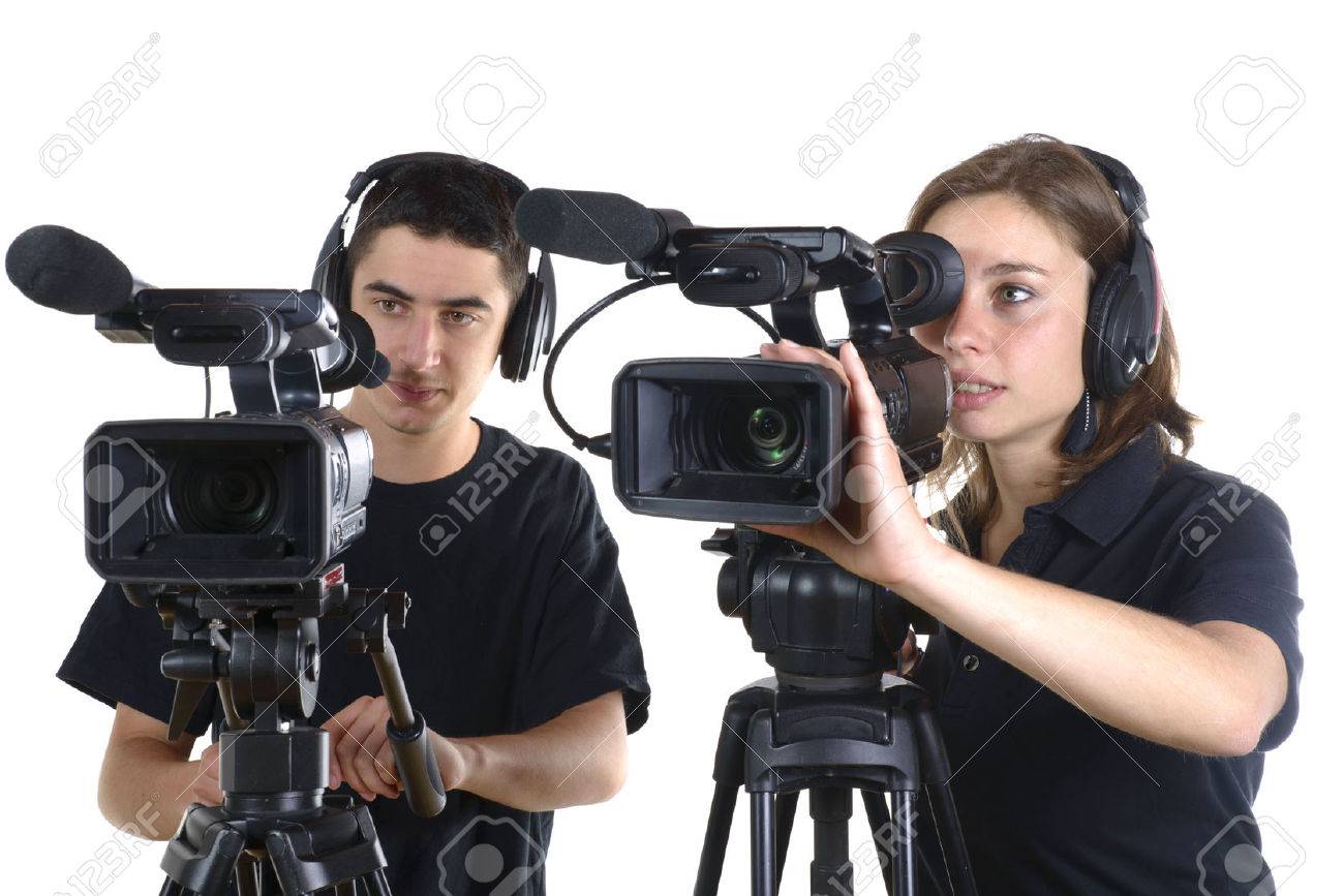 young man and young woman with video cameras on white background - 28796633 young man and young woman with video cameras on white background - 28796633