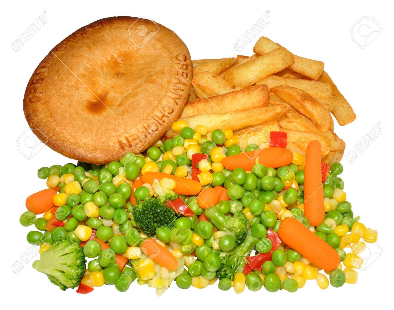 A Chicken Pie With Chips And Mixed Vegetables Including Peas Stock Photo Picture And Royalty Free Image Image 22637102