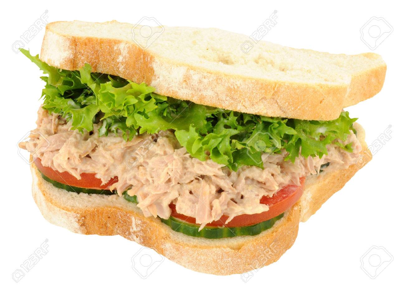 Tuna And Salad Filled Sandwich In Thick White Sliced Bread Isolated
