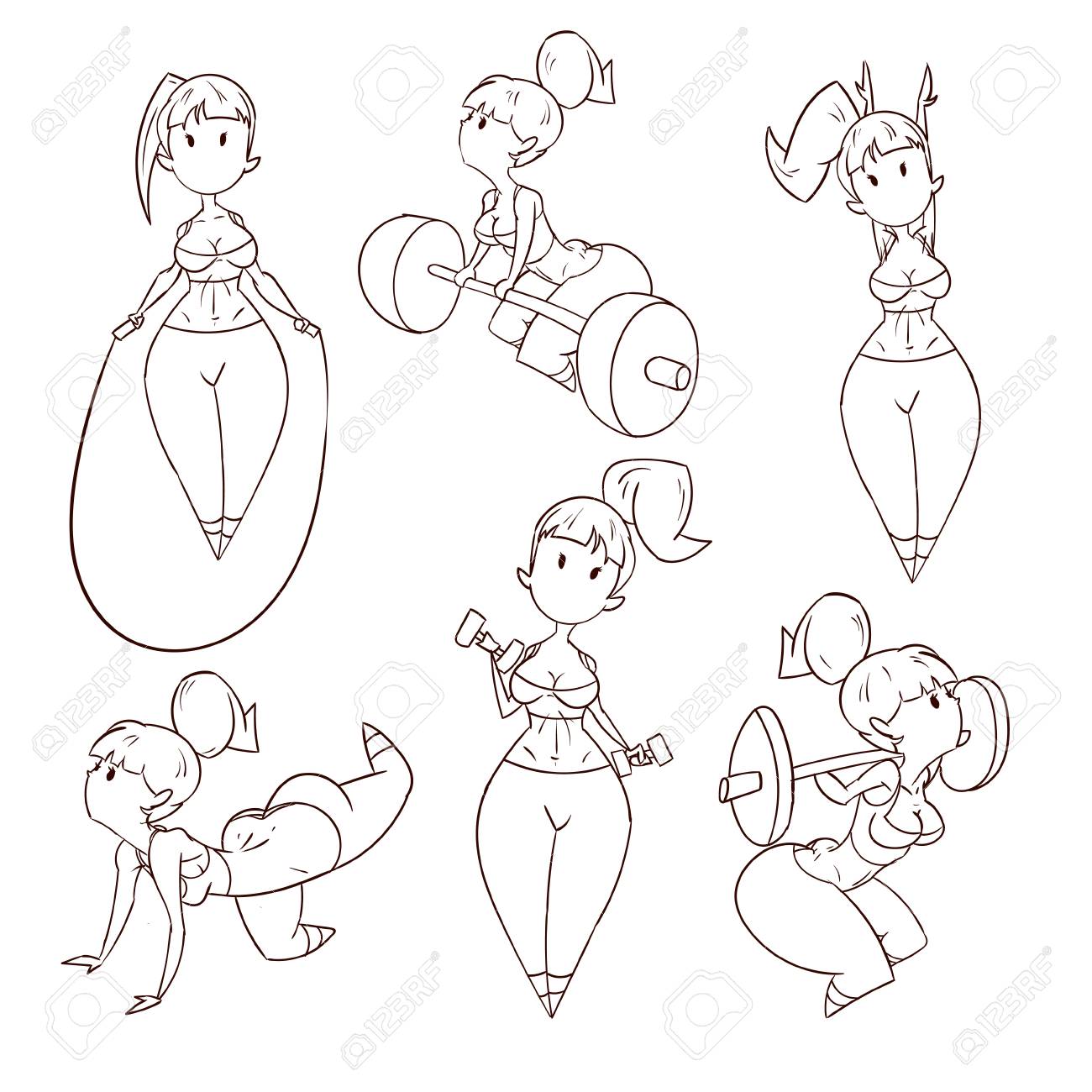 ジムでトレーニング フィットネス少女のかわいい漫画の線画ベクトル イラスト のイラスト素材 ベクタ Image