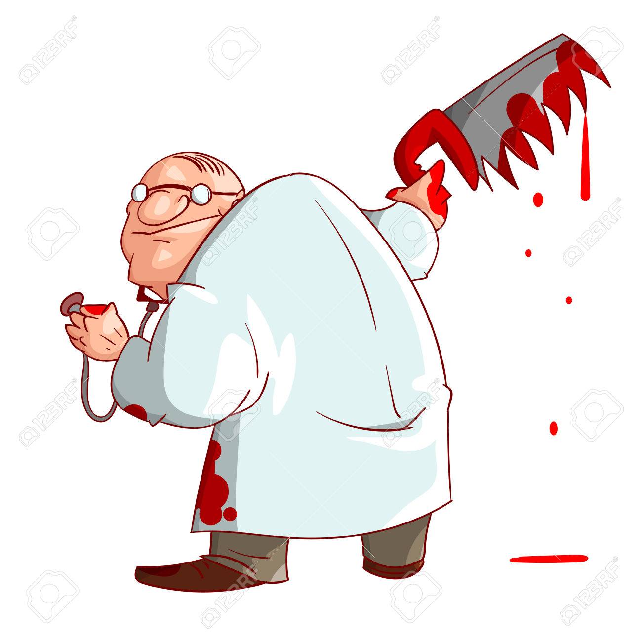 漫画狂った医者のカラフルなベクトル図を見た血を保持していると 彼の服や手に血液が汚れのイラスト素材 ベクタ Image