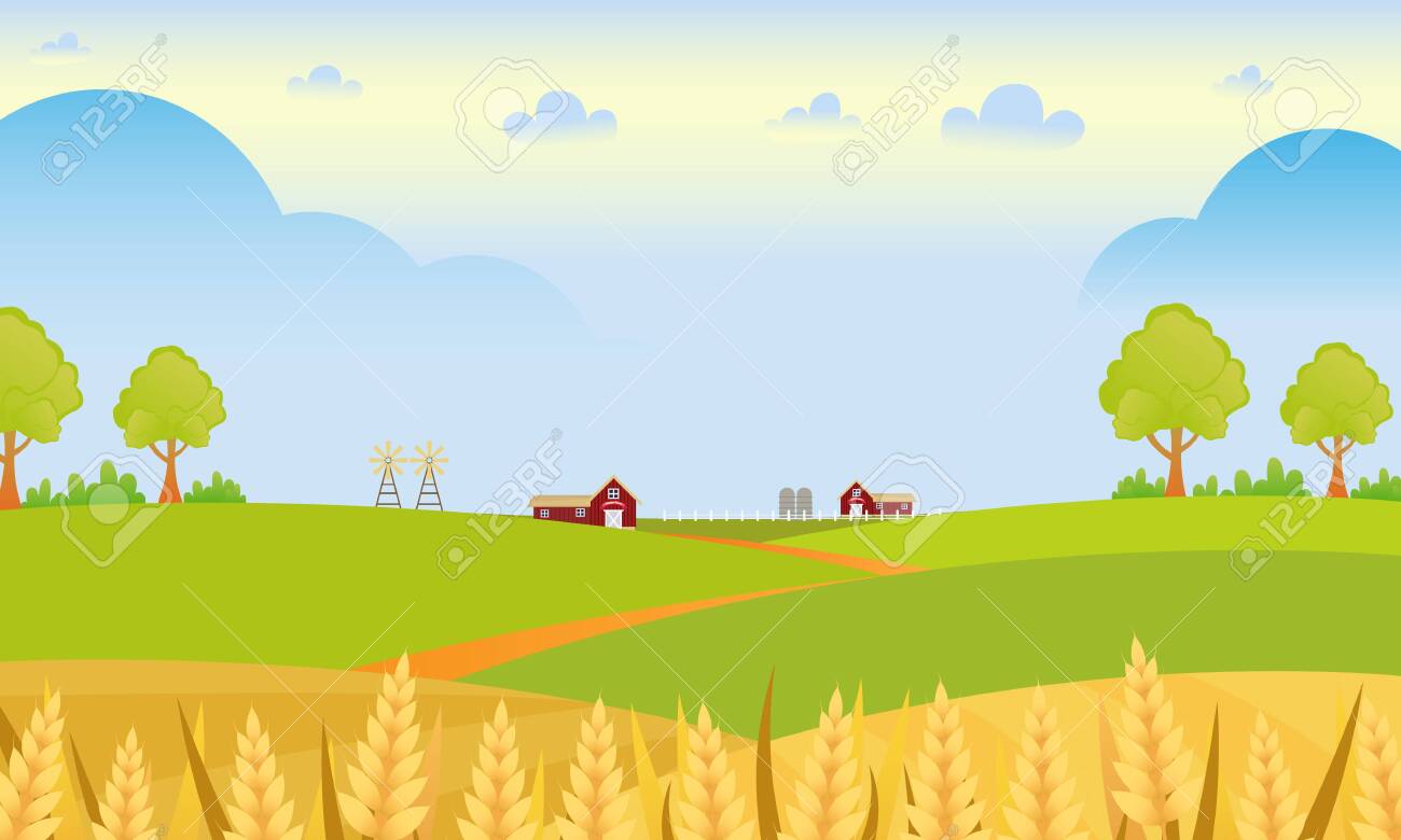 Flat Design Farm Landscape Background. Vector Cartoon Style . Royalty Free  SVG, Cliparts, Vectors, and Stock Illustration. Image 150157783., image size:1300x780