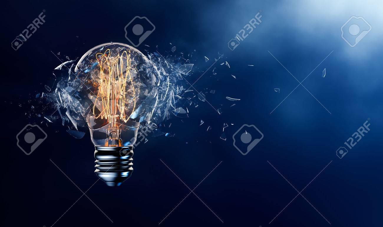 Exploding Light Bulb On A Blue 