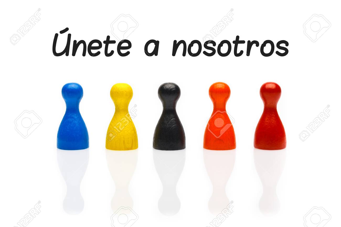 Concepto De Negocio En Nuestro Equipo Con El Texto Marcador En Español.  Únete A Nosotros. Varias Figuras De Empeño De Colores Aislados Sobre Fondo  Blanco. Fotos, Retratos, Imágenes Y Fotografía De Archivo