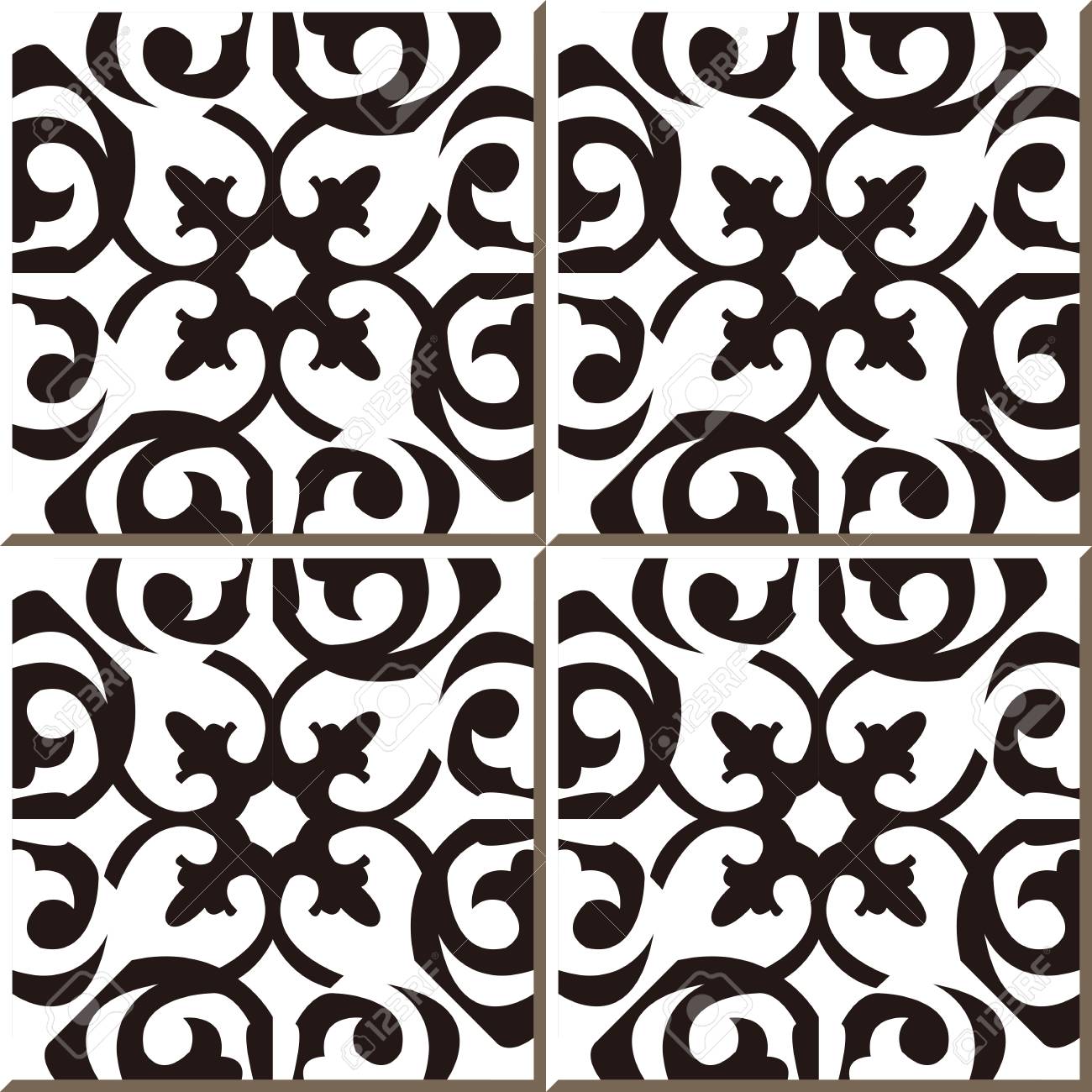 Vintage Seamless Wall Tiles Of Black White Curve Spiral Moroccan