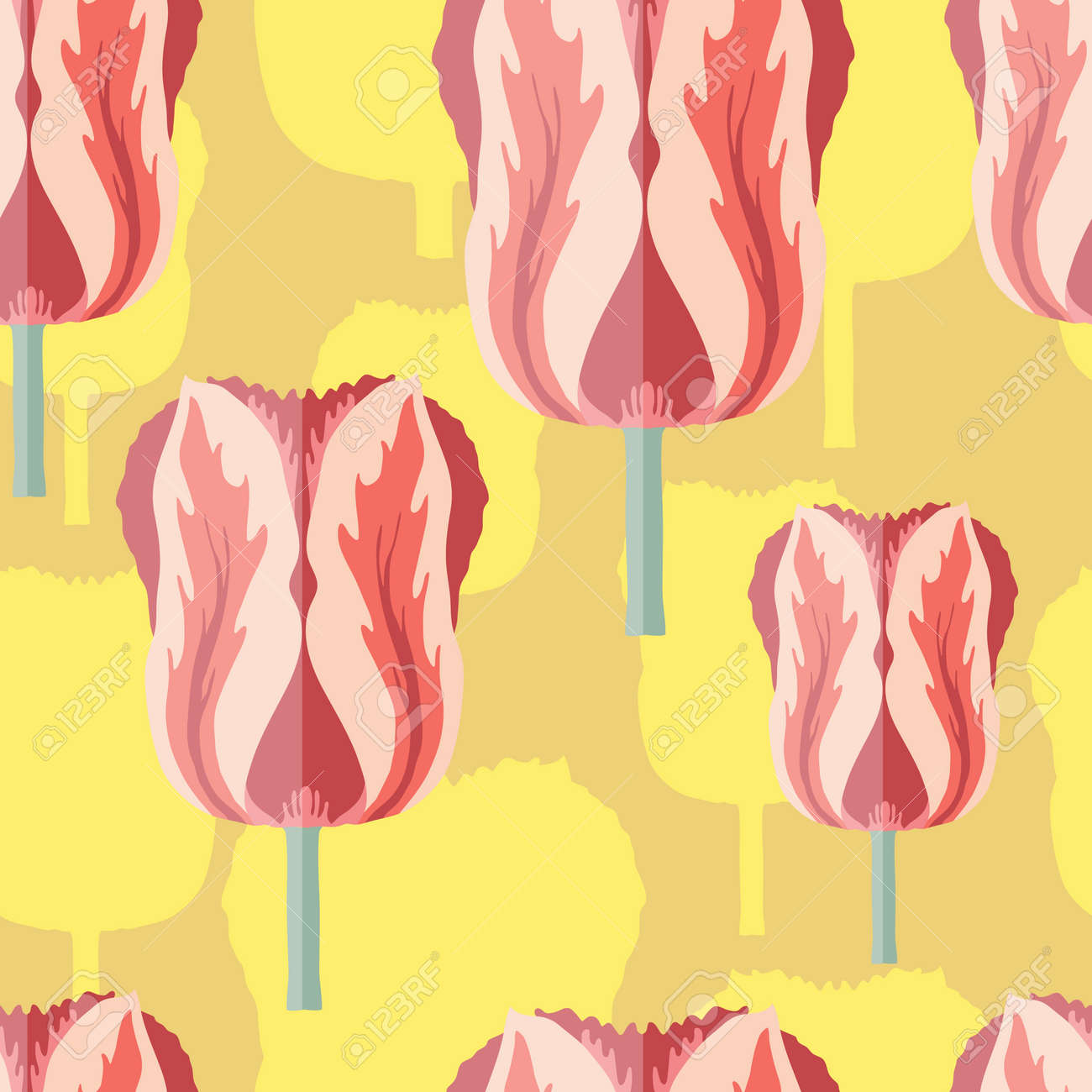 Seamless pattern with varietal pink and red tulip. Yellow silhouettes of the same tulip on the bottom layer. Symmetrical tulip without leaves. Pattern for fabrics, print, web usage etc. - 168336298 Seamless pattern with varietal pink and red tulip. Yellow silhouettes of the same tulip on the bottom layer. Symmetrical tulip without leaves. Pattern for fabrics, print, web usage etc. - 168336298