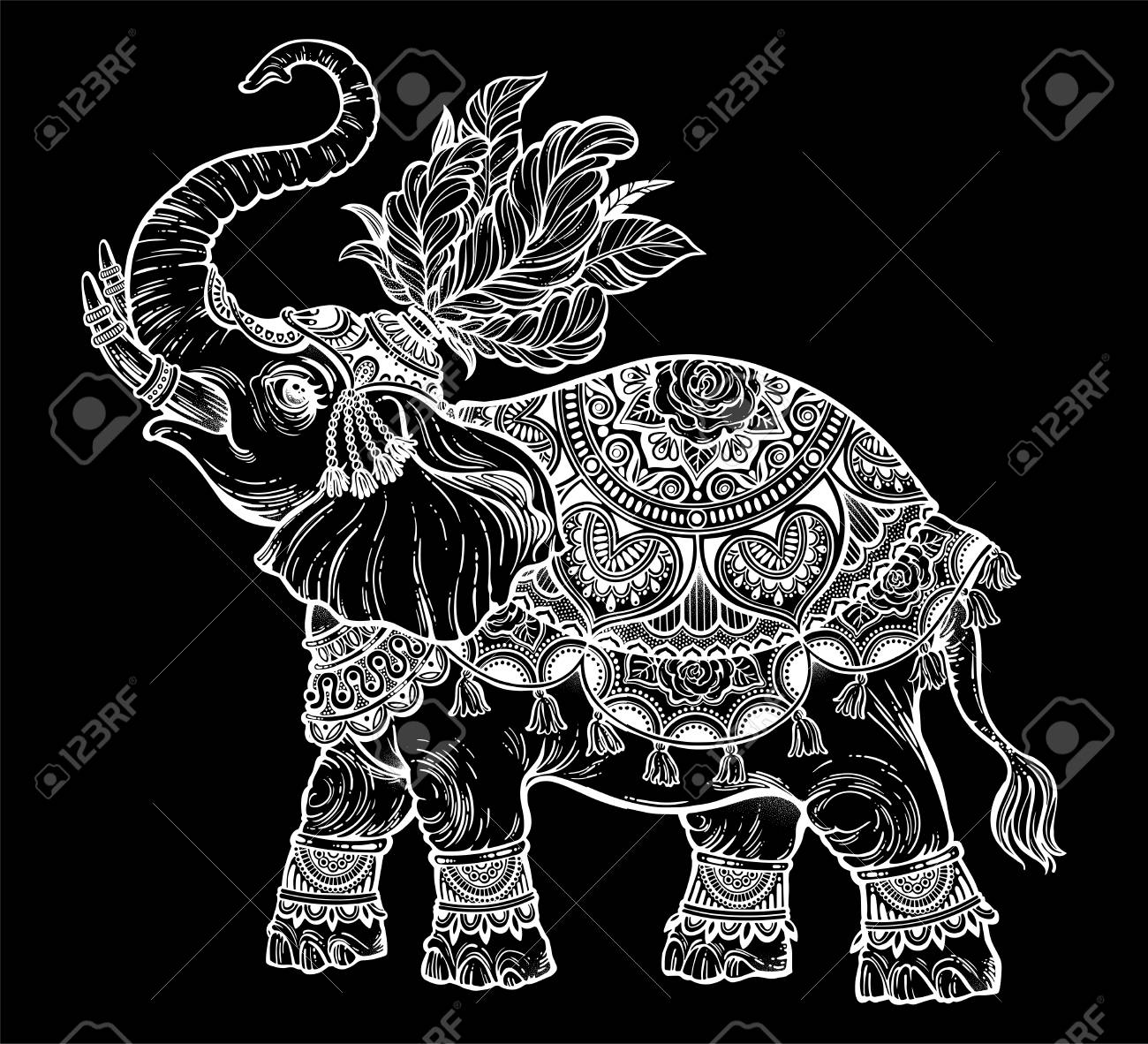 vintage indian ethnic boho elephant with feathers royalty free