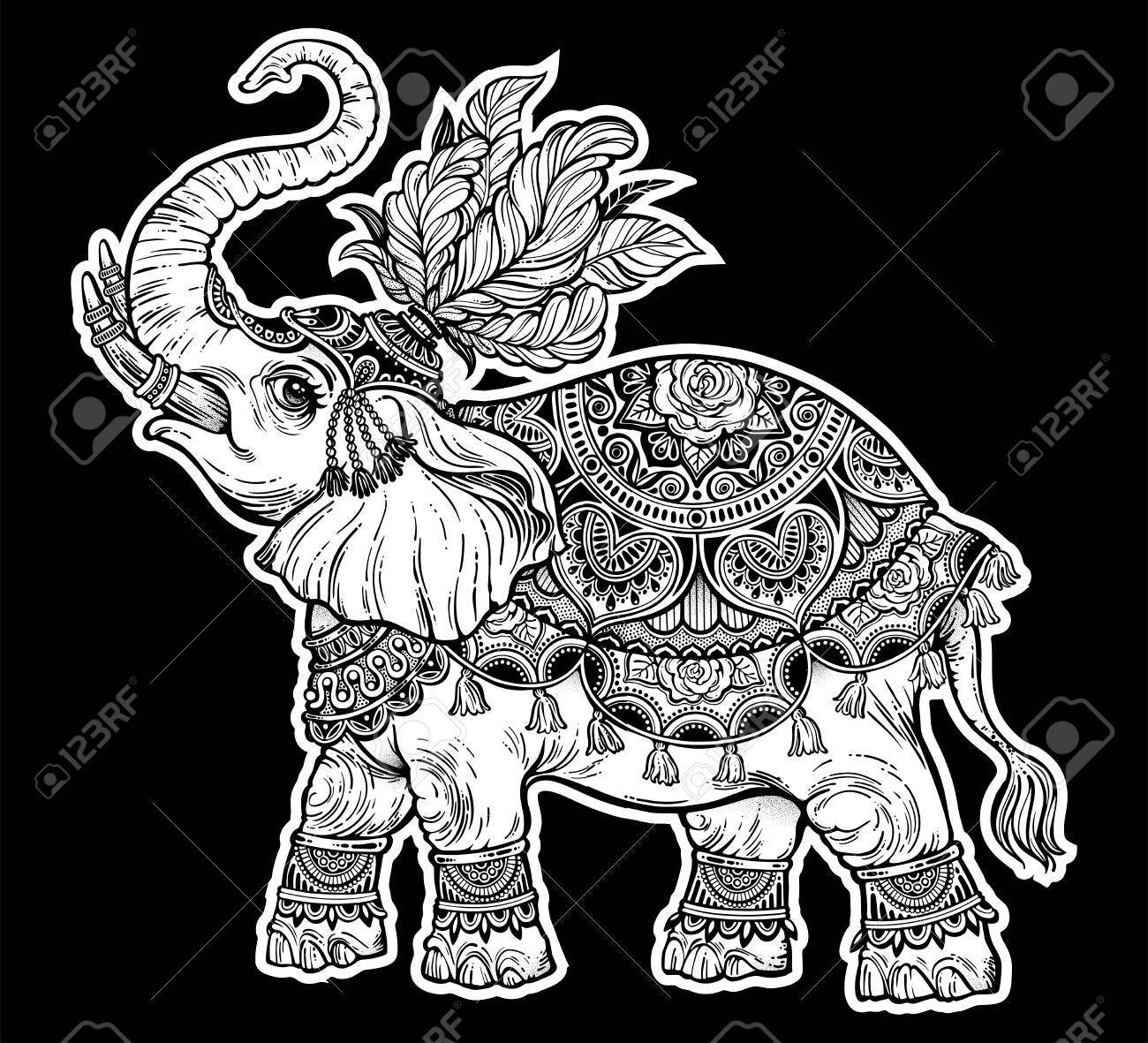 vintage indian ethnic boho elephant with feathers vector