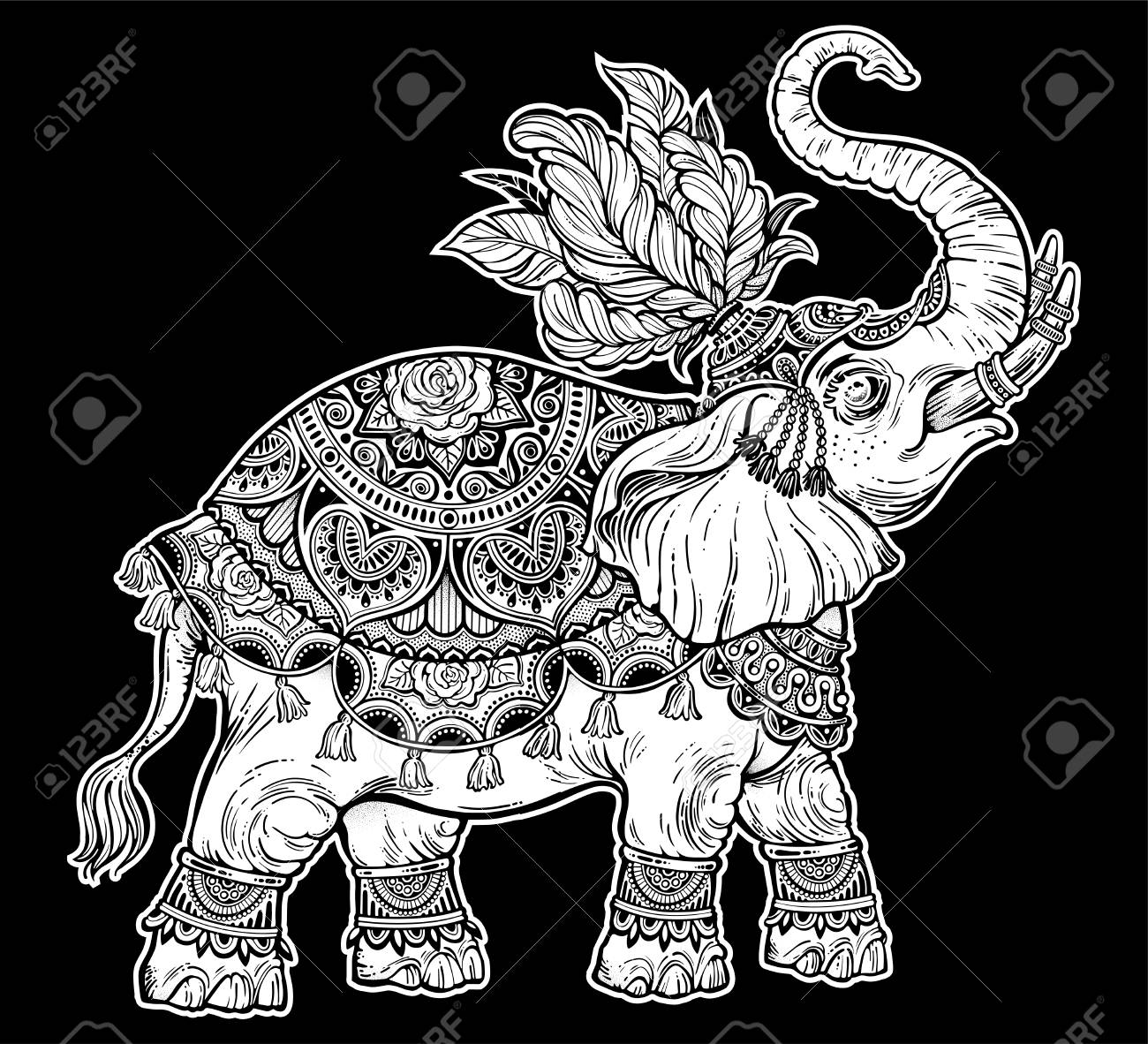 indian ornate ethnic circus boho elephant with feathers african