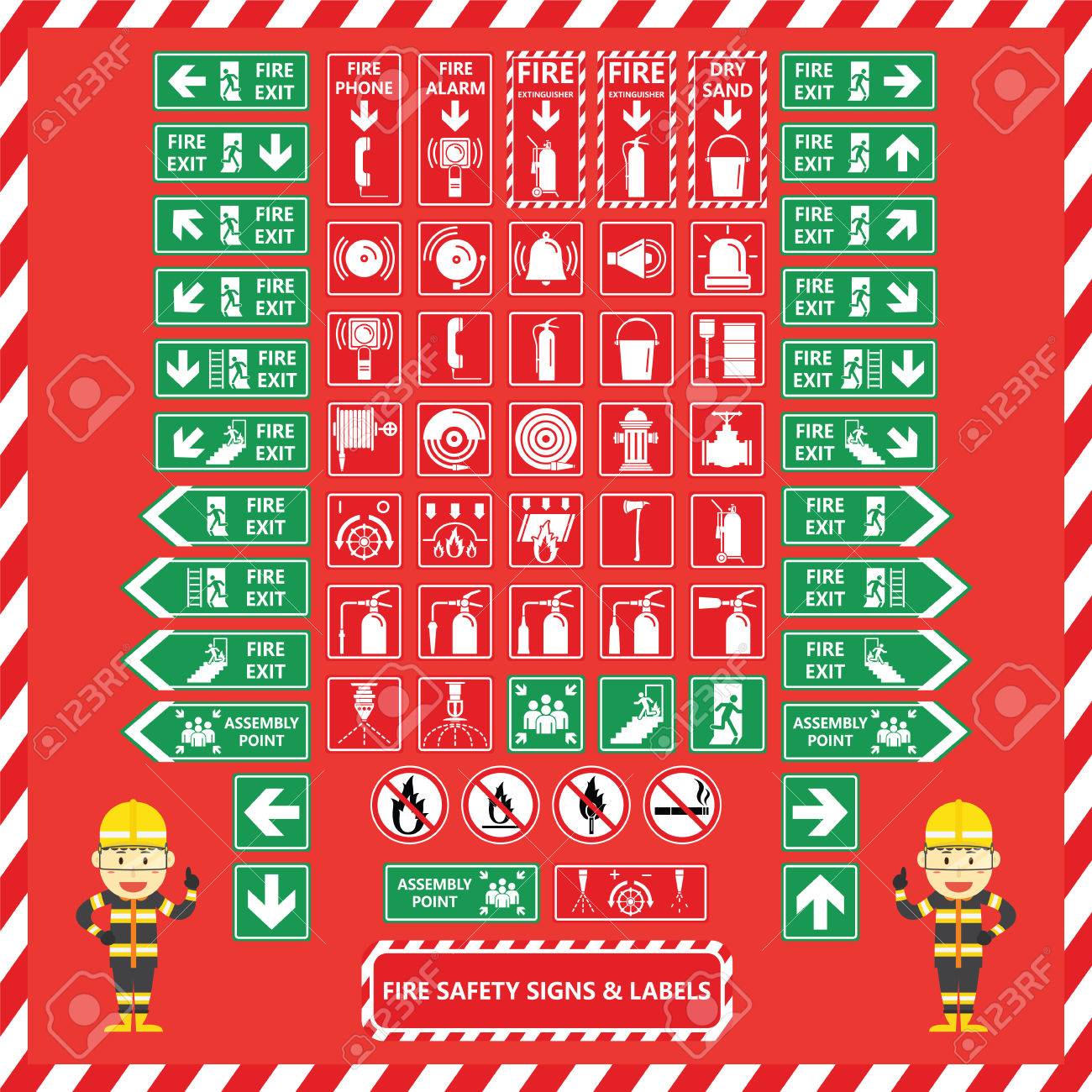 set of fire safety signs and labels with cute fire fighter cartoon
