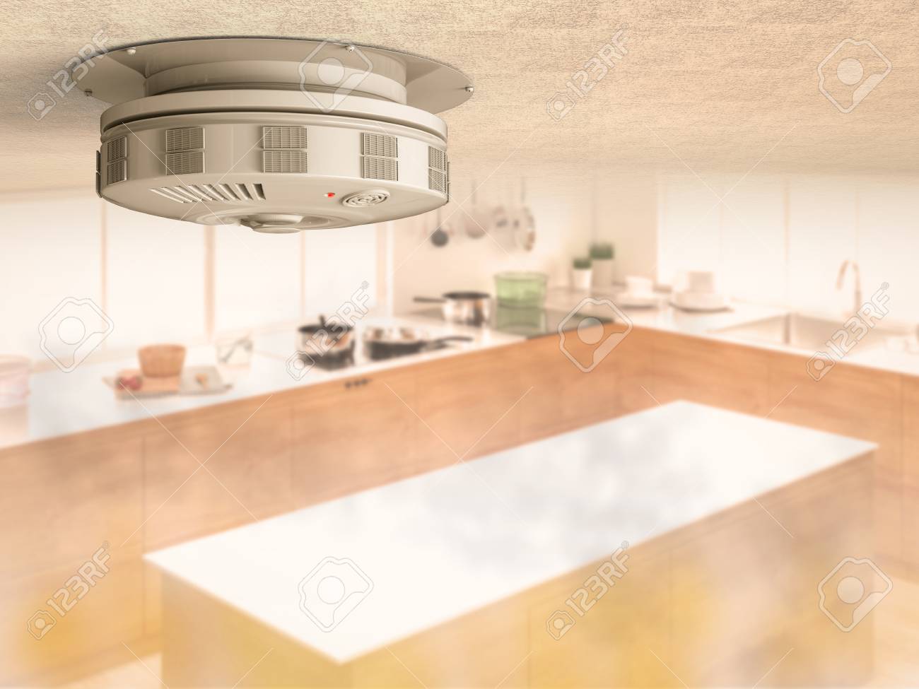 3d Rendering Smoke Detector On Ceiling With Smoke In Kitchen Stock