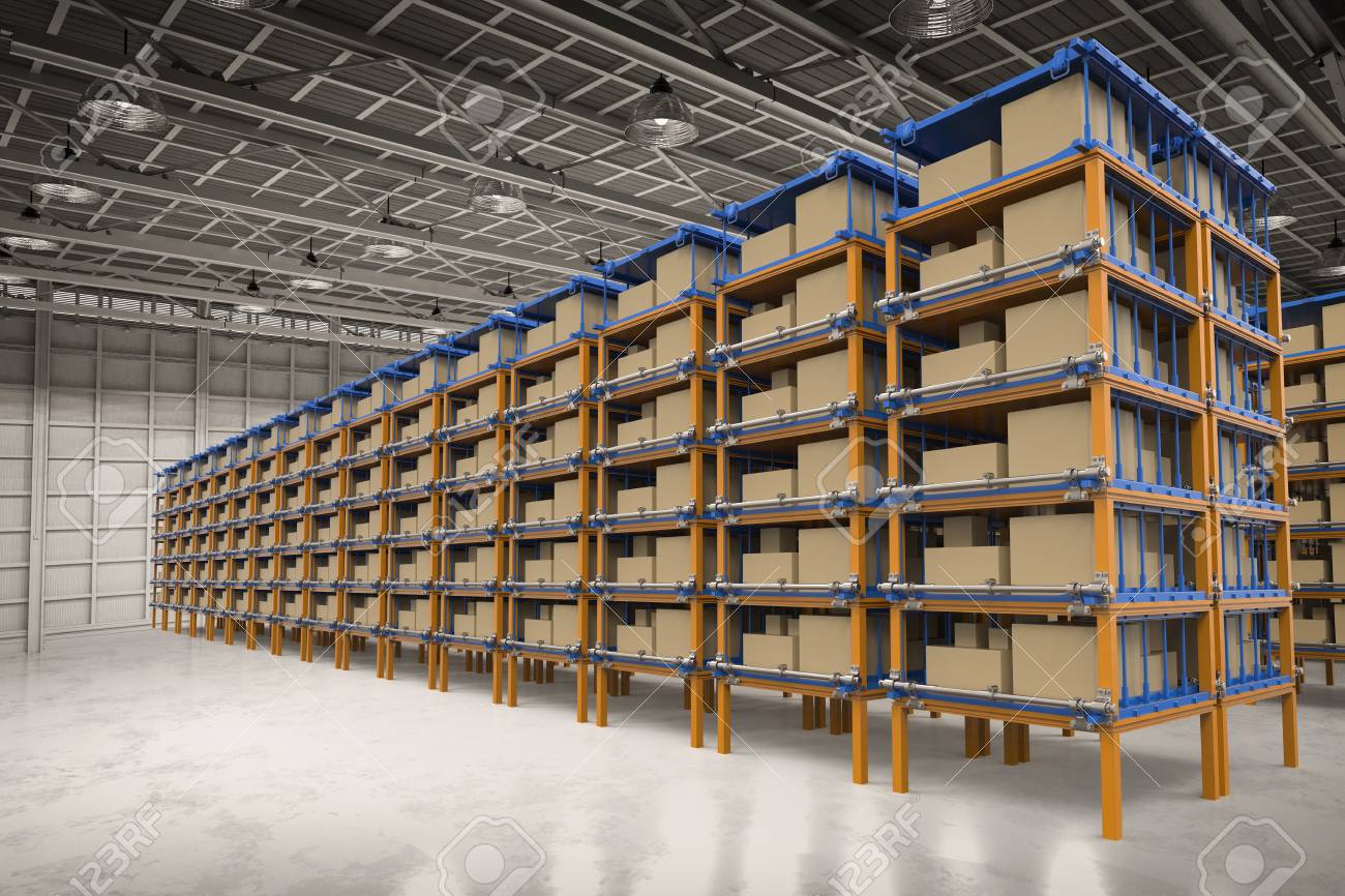 3d rendering racks full of carton boxes in warehouse stock photo