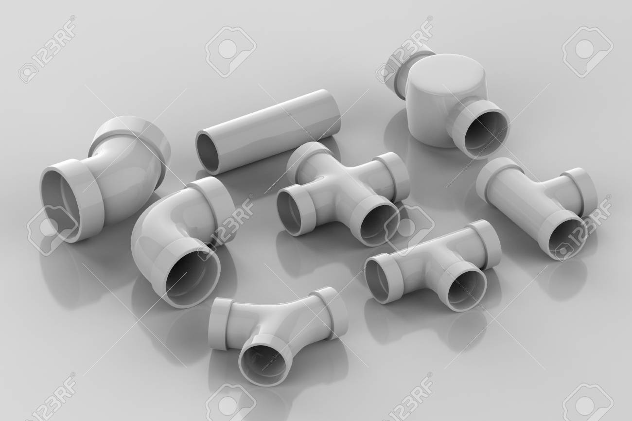 3d Rendering Set Of Pipe Joints On Grey 