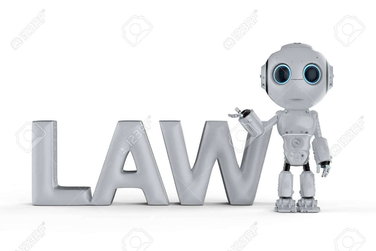 Cyber Law Concept With 3d Rendering Mini Robot With Law Text Stock