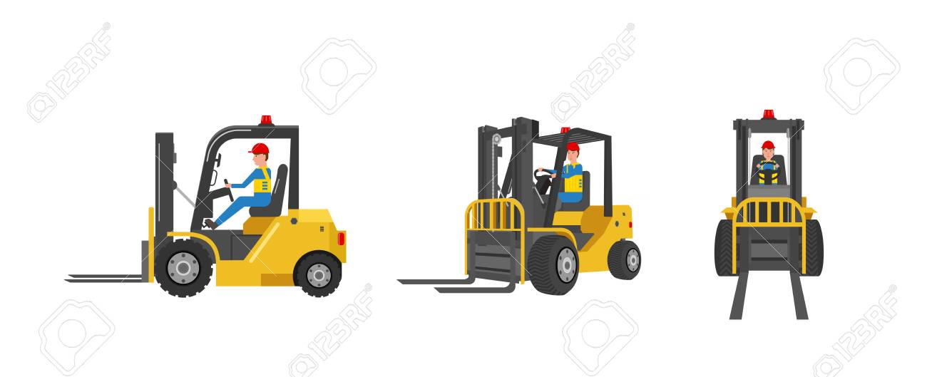 Forklift truck with worker driving isolated on white vector illustration - 124639543 Forklift truck with worker driving isolated on white vector illustration - 124639543