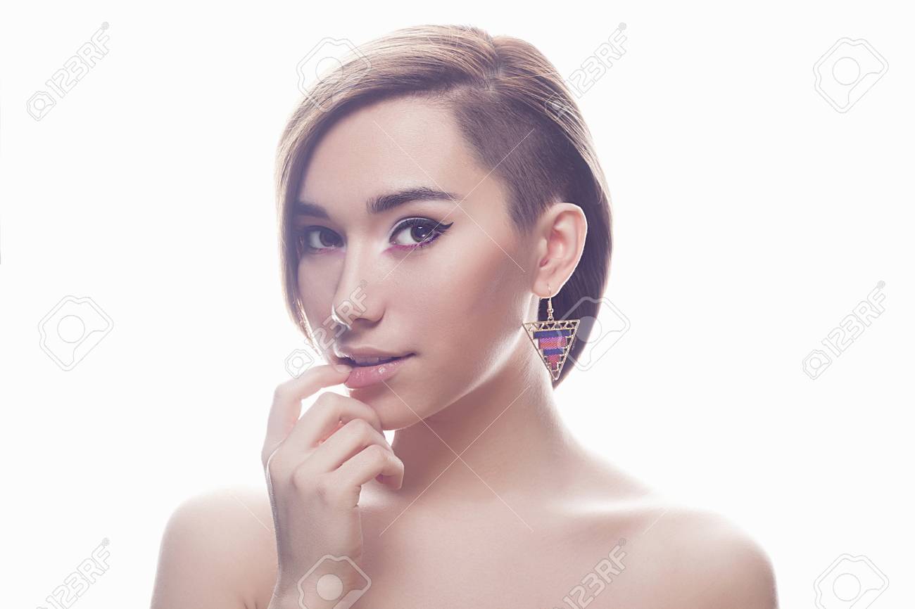 fashion portrait of beautiful young woman with short haircut.Hairstyle.sweet..